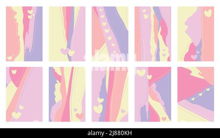 Ensemble d'arrière-plans abstraits vectoriels créatifs dans des tons pastel doux et lumineux avec coeurs décoratifs. Illustration de Vecteur