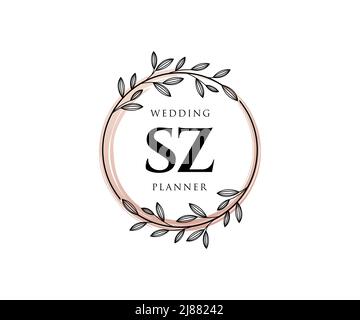 SZ lettre initiale mariage monogramme logos collection, dessin à la main moderne minimaliste et modèles floraux pour cartes d'invitation, Save the Date, élégant Illustration de Vecteur