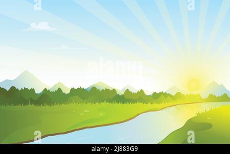 Vue sur les montagnes, le lever du soleil et la rivière, paysage naturel au bord de la rivière au lever du soleil à l'horizon, illustration vectorielle des montagnes et des paysages fluviaux. Illustration de Vecteur