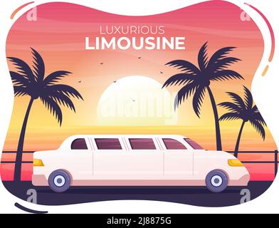 Voiture en limousine avec vue sur la plage au coucher du soleil ou au lever du soleil sur Flat Cartoon Illustration Illustration de Vecteur