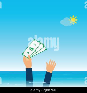 Les mains noyées se collent hors de l'eau avec des billets de banque en dollars Illustration de Vecteur
