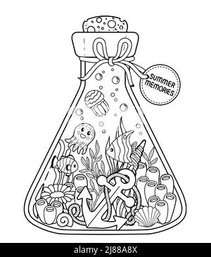 Page de livre de coloriage noir et blanc pour adulte. La vie sous-marine dans une bouteille de verre, des créatures marines, des algues et des coquillages pour des souvenirs d'été Illustration de Vecteur