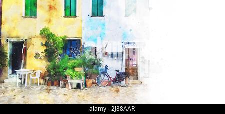 Burano, Venise, Italie, dessin à l'aquarelle. Carte postale d'art avec vue sur la rue et la maison Burano, espace copie Banque D'Images