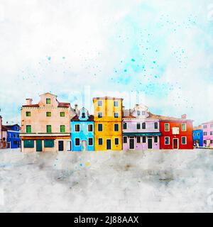 Burano, Venise, Italie, dessin à l'aquarelle. Maisons colorées et rues de l'île de Burano Venise. Carte postale touristique d'art de Burano, Italie Banque D'Images