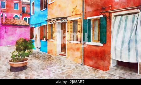 Burano, Venise, Italie, dessin aquarelle. Belle vue sur les vieilles maisons colorées, rue de la vieille ville européenne. Carte postale d'art avec vue sur Burano, Veni Banque D'Images