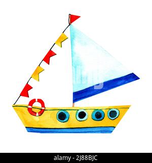 Aquarelle dessin à la main du défroisseur rouge avec tuyau et drapeaux rouges. Bouée rouge. Bateau de style dessin animé. Conception pour couvertures, cartes, fonds Banque D'Images