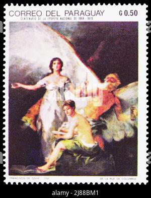 MOSCOU, RUSSIE - 10 AVRIL 2022 : timbre-poste imprimé au Paraguay montre le temps, la vérité et l'histoire, de Goya Francisco (1746-1828) série de peinture espagnole