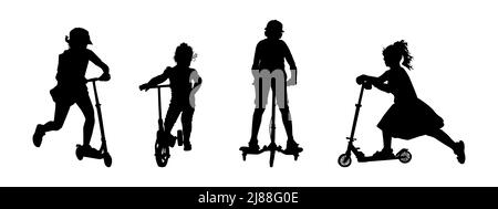 Placer des silhouettes d'enfants sur un scooter isolé sur fond blanc. Scooter des rouleaux pour garçons et filles. Concept de loisirs, détente et divertissement pour enfants. Illustration de Vecteur