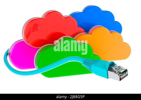 Service de stockage de nuages de couleur avec câble Internet lan, rendu 3D isolé sur fond blanc Banque D'Images