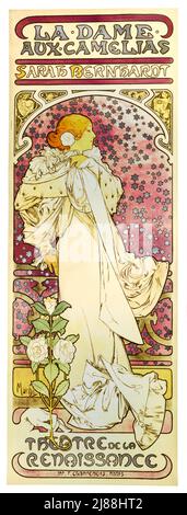 Une 19th affiche Art Nouveau de la fin du siècle montrant Sarah Bernhardt en Camille, pleine longueur, sur fond d'étoiles argentées, avec une main en bas à gauche tenant une branche de fleurs de camélia. L'artiste est Alphonse Mucha, (1860-1939) Banque D'Images