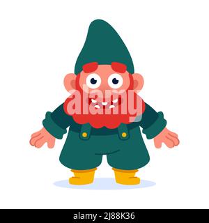 Dessin animé nain mignon avec barbe rouge debout et sourire. Petit gnome drôle en bottes jaunes. Illustration vectorielle plate Illustration de Vecteur