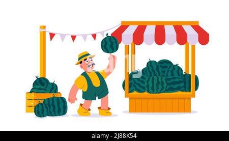Un fermier vend des pastèques à la stalle du marché extérieur. Illustration vectorielle plate isolée sur fond blanc Illustration de Vecteur