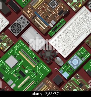 Pièce de rechange pour ordinateur personnel. Accessoires pour PC ou ordinateur portable. Carte mémoire RAM carte mère et carte vidéo. Clavier et souris. Motif sans couture. Puissance s Illustration de Vecteur