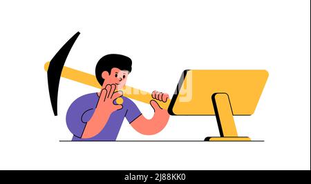 Homme avec pièce d'or et pioche se trouve devant un vecteur d'illsufiltration de moniteur. Concept abstrait crypto-monnaie exploitation minière sur ordinateur domestique Illustration de Vecteur