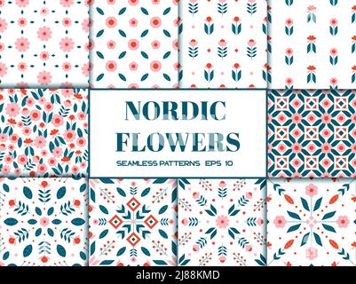 Grand ensemble de fleurs scandinaves nordiques sans coutures avec éléments géométriques simples de fleurs pastel couleurs illustration vectorielle Illustration de Vecteur