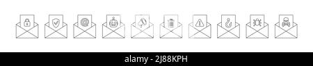 Enveloppe d'e-mail de jeu de lignes avec des options de lettre du coffre-fort protégé au virus dangereux, définir l'illustration vectorielle Illustration de Vecteur