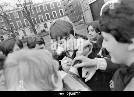 LE batteur DE L'OMS Keith Moon signe des autographes en novembre 1966. Le groupe faisait une pause tout en enregistrant un spectacle en direct pour la télévision allemande sur le terrain du siège du Duc de York à Chelsea, Londres. Photo : Tony Gale Banque D'Images