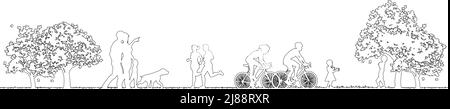 Scène extérieure Park People Outline Silhouette Illustration de Vecteur