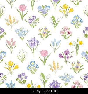 Spring Garden variété fleurs dessinées à la main vecteur sans couture motif. Motif vintage romantique en forme d'Ogee. Décoration florale esthétique de base pour le tissu, le scrapbook, l'emballage, la fabrication de cartes. Illustration de Vecteur