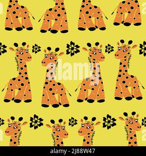 Motif vectoriel sans couture avec girafes de style dessin animé sur fond jaune. Papier peint animal pour enfants. Illustration de Vecteur