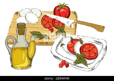 Ingrédients de la salade de caprese italienne, illustration vectorielle d'esquisse isolée sur blanc. Illustration de Vecteur