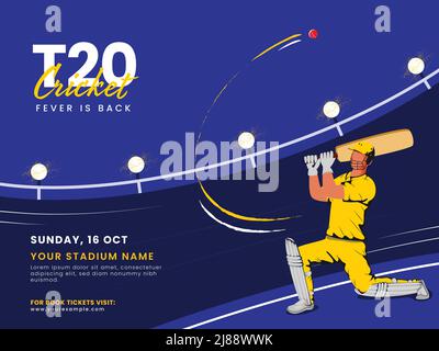 T20 Cricket Fever is Back concept avec un joueur de matraque de dessin animé qui frappe le ballon sur fond bleu. Illustration de Vecteur