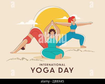 Concept de la Journée internationale de yoga avec les jeunes femmes sans visage pratiquant l'Asana poser dans trois style. Illustration de Vecteur