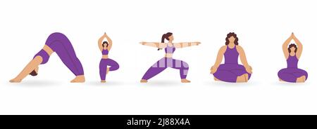 Jeunes femmes sans visage pratiquant le yoga Asana pose dans le style cinq contre fond blanc. Illustration de Vecteur