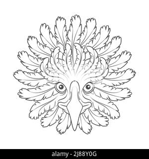 Illustration abstraite en noir et blanc avec tête d'aigle et plumes. Objet vectoriel isolé sur fond blanc. Illustration de Vecteur