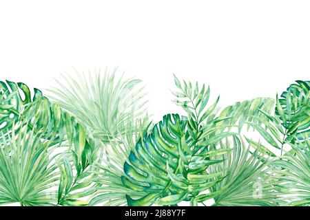 Motif sans couture horizontal aquarelle des feuilles tropicales. Illustration à la main du feuillage de la jungle verte sur un arrière-plan isolé. Ruban de bordure exotique f Banque D'Images