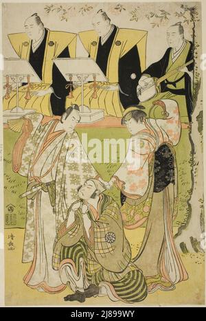 Les acteurs Ichikawa Monnosuke II comme Munesada, Segawa Kikunojo III comme le courtesan Sumizome, et Nakamura Nakazo I comme Sekibei, dans la pièce "Tsumoru Koi Yuki no Seki no to", a joué au Théâtre Kiri au onzième mois, 1784, 1784. Banque D'Images