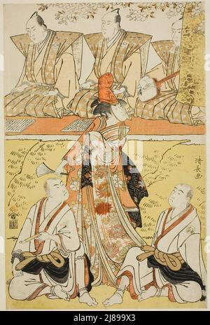 Les acteurs Segawa Kikunojo III comme Koito, Sawamura Sojuro III comme le moine Sainenbo, et Ichikawa Monnosuke II comme le moine Renseibo, dans la shosa "Mata Saku Hana Museume Dojoji", se sont produits au théâtre Nakamura au quatrième mois, 1783, 1783. Banque D'Images