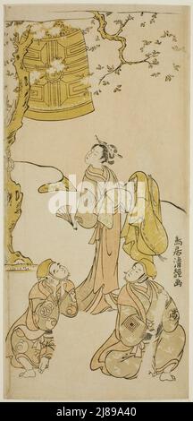 Les acteurs Segawa Kikunojo II, Ichikawa Komazo II et Arashi Otohachi I dans la pièce "Fude Hajime Soga no Tamagusa", se sont produit au théâtre Nakamura au cours du premier mois, 1768, 1768. Banque D'Images