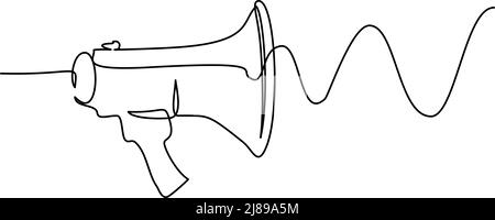 Mégaphone, haut-parleur avec onde sonore. Dessin d'une ligne Illustration de Vecteur