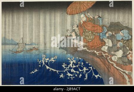 Prier pour la pluie à Ryozengasaki à Kamakura, 1271 (Bun'ei hachi Kamakura Ryozengasaki Ame inoru), de la série "concise Illustrated Biography of the Great Priest [Nichiren] (Koso Go ichidai ryakuzu)", c. 1830/35. Banque D'Images