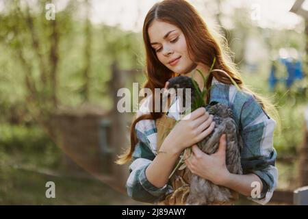 Une belle femme paysanne prend soin des poulets de sa ferme et tient un poulet gris souriant. Le concept de la vie biologique et de la protection de la nature Banque D'Images