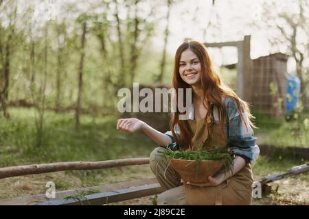 Une jeune femme nourrit ses poulets à la ferme avec de l'herbe, portant une simple chemise à carreaux, un pantalon et un tablier, et souriant pour la caméra, prenant soin de la Banque D'Images