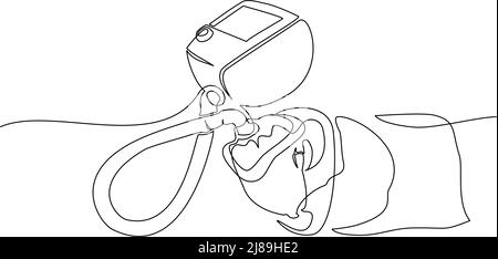 Homme équipé d'un dispositif de ventilation pulmonaire. Mise en plan continue d'une ligne. Illustration vectorielle symbole COVID-19. Concept coronavirus Illustration de Vecteur