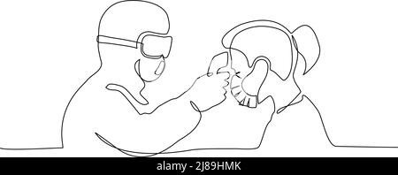 Le personnel médical vérifie la température corporelle chez la femme. Mise en plan continue d'une ligne. Illustration vectorielle symbole COVID-19. Concept coronavirus Illustration de Vecteur