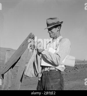 Agriculteur qui reçoit le courrier du matin. Comté de GEM, Idaho. Banque D'Images