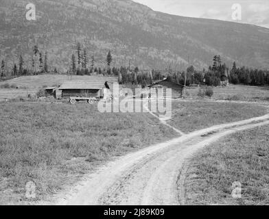 Déposer les bâtiments et les terrains défriché sur la place de l'emprunteur de la FSA (Farm Security Administration). Comté de Boundary, Idaho. Banque D'Images
