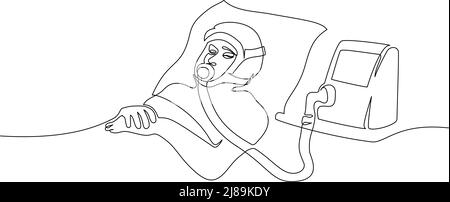 Homme équipé d'un dispositif de ventilation pulmonaire. Mise en plan continue d'une ligne. Illustration vectorielle symbole COVID-19. Concept coronavirus Illustration de Vecteur