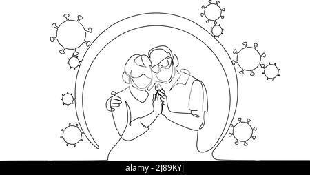 Concept de protection du couple âgé contre le risque de coronavirus. Grand-père et grand-mère. Mise en plan continue d'une ligne. Illustration vectorielle main d Illustration de Vecteur