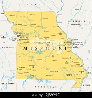 Missouri, Mo, carte politique, avec la capitale Jefferson City, et les plus grandes villes, lacs et rivières. Dans la région du Midwest des États-Unis. Banque D'Images