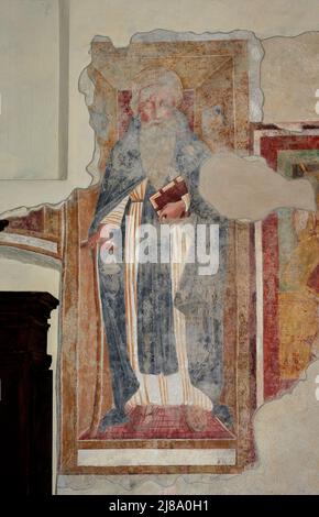 S. Antonio Abate - affresco - pittore lombardo della fine del XV secolo - Cornello Tasso (BG) ,Italia,chiesa dei SS. Cornello, Cipriano e Antonio Banque D'Images