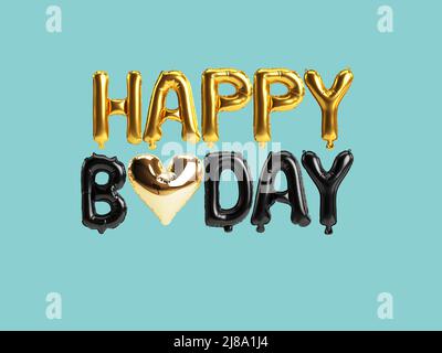 3d illustrations ballons or et noir joyeux anniversaire-lettre isolée sur fond bleu Banque D'Images