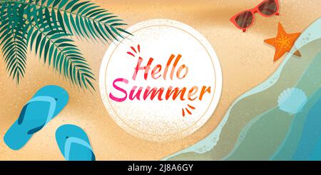 Bannière Hello Summer avec espace copie, plage avec palmier, accessoires et vagues, vue du dessus Illustration de Vecteur