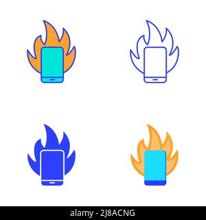 Icône smartphone on Fire définie dans un style plat et ligne. Surchauffe du téléphone portable. Mauvaise nouvelle, symbole d'urgence. Illustration vectorielle. Illustration de Vecteur