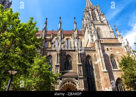 Cathédrale d'Ulm en été, Allemagne, Europe. C'est le point de repère de la ville d'Ulm. Décor de façade ornée de l'ancienne église gothique, bâtiment médiéval dans la ville d'Ulm Banque D'Images