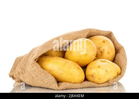 Plusieurs pommes de terre biologiques crues avec un sac de jute, en gros plan, isolées sur fond blanc. Banque D'Images